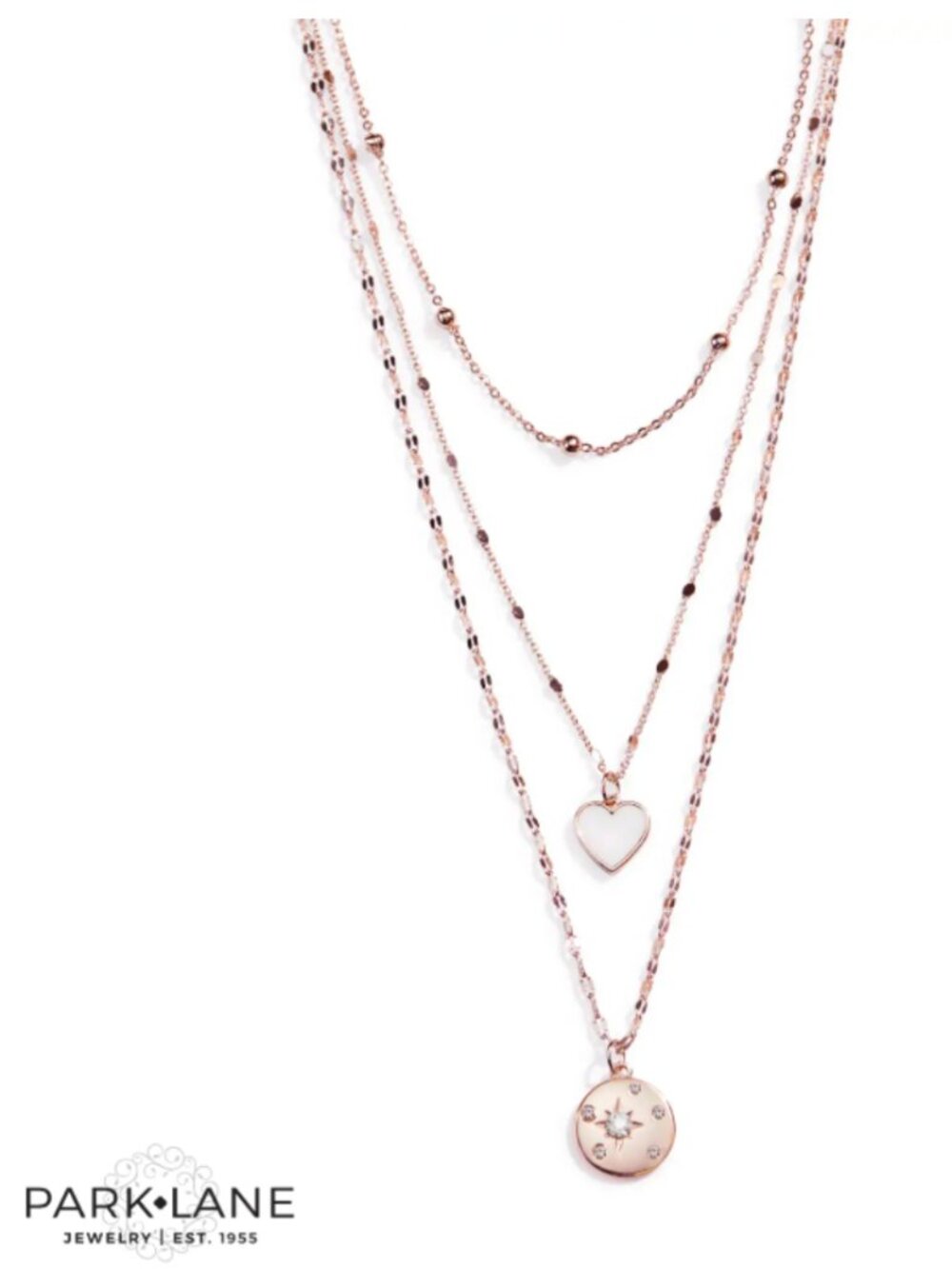 Park Lane Galaxy Necklace–Rose Gold Multi-Strand Heart & Celestial Pendant-New!